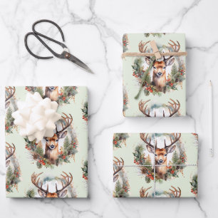 Brown Deer with Antlers Rustic Christmas Pattern Wrapping Paper Sheets