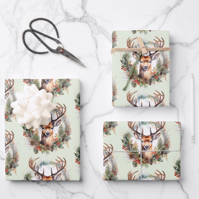 Brown Deer with Antlers Rustic Christmas Pattern Wrapping Paper Sheets (Front)