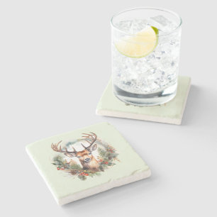 Brown Deer with Antlers Rustic Christmas Stone Coaster