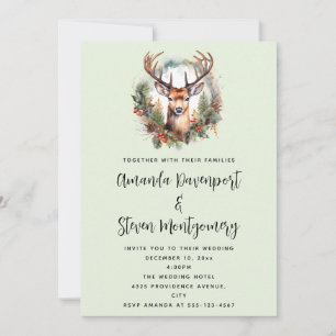 Brown Deer with Antlers Rustic Christmas Wedding Invitation
