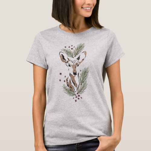 Brown deerl with pine leaves T_Shirt