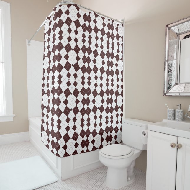 Brown Diamond Checker Pattern Shower Curtain (In Situ)