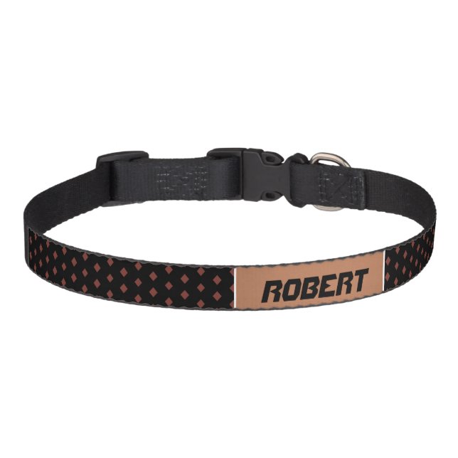 Brown diamonds on black pattern personalized pet collar (Front)