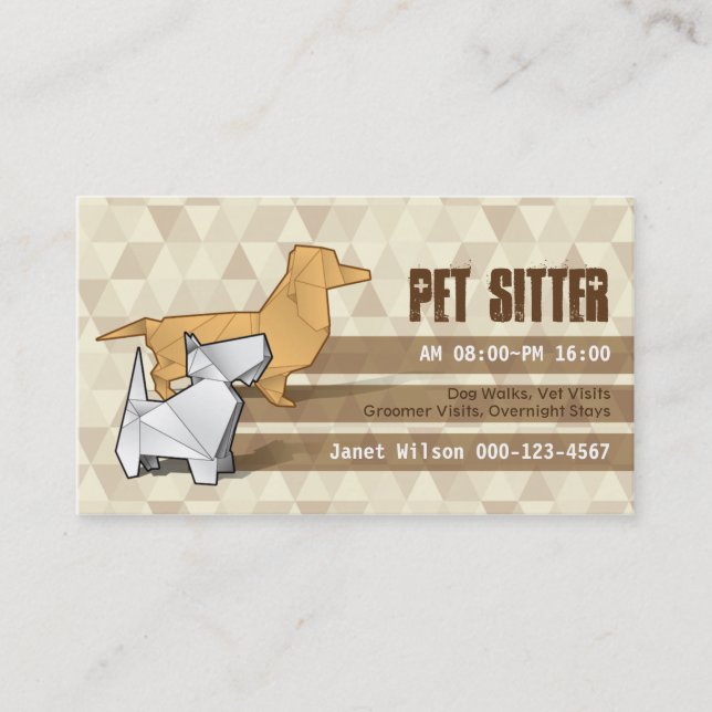 Brown Diamonds Pattern Origami Dogs Pet Sitting Business Card (Front)