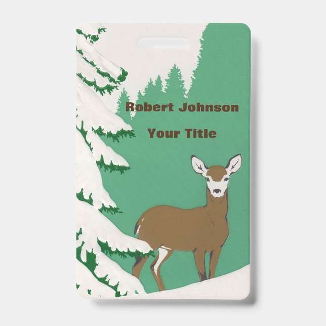 Brown Doe Deer Next to Pine Tree in Snow Badge (Front)