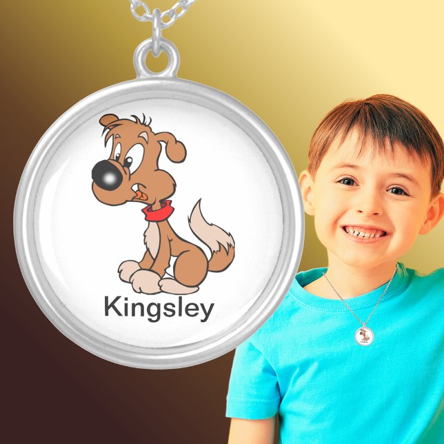 Brown Dog Cartoon Add Name Silver Plated Necklace (Brown Dog Cartoon Add Name Silver Plated Necklace)