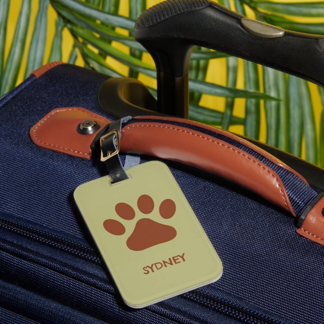 Brown dog paw custom name luggage tag (Front Insitu 1)