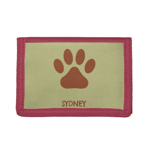 Brown dog paw custom name tri-fold wallet