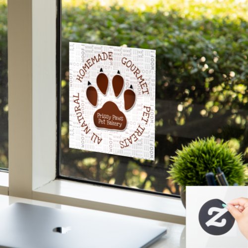 Brown Dog Paw with Pet Business Name Woof Art Window Cling