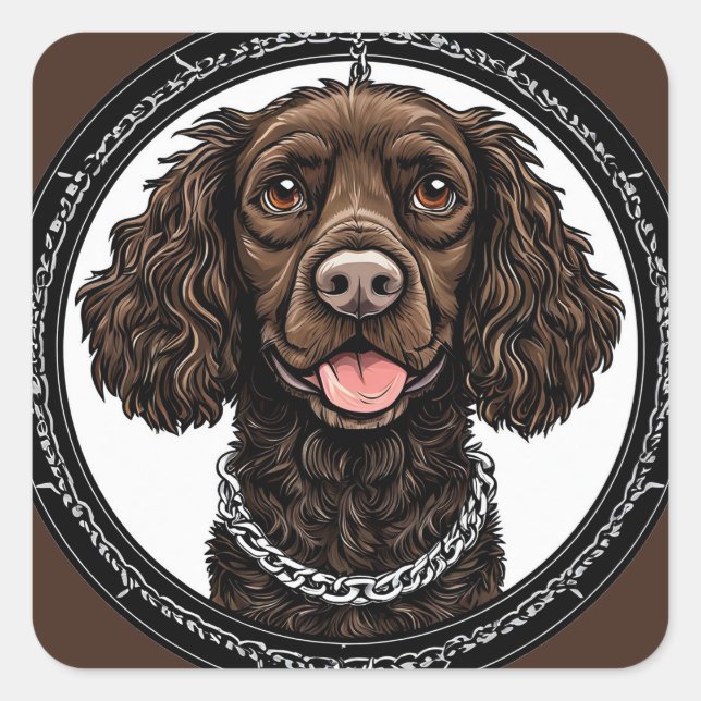 Brown Dog With a Chain and Decorative Circle Square Sticker (Front)