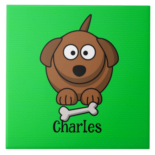 Brown dog with bone personalised on green ceramic tile (Front)