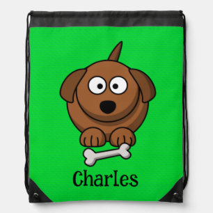 Brown dog with bone personalised on green drawstring bag