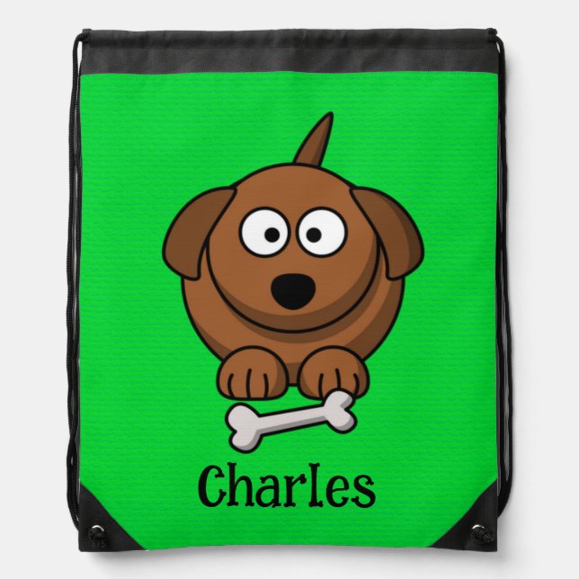 Brown dog with bone personalised on green drawstring bag (Front)
