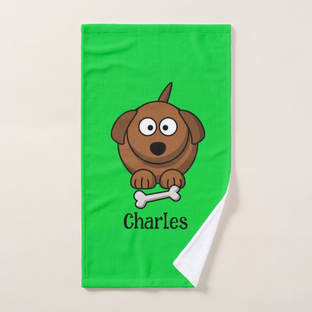 Brown dog with bone personalised on green hand towel  (Hand Towel)
