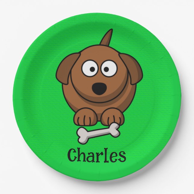 Brown dog with bone personalised on green paper plates (Front)