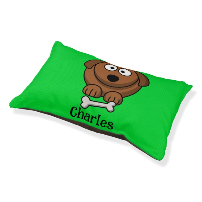 Brown dog with bone personalised on green pet bed (Angled)