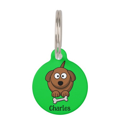Brown dog with bone personalised on green pet ID tag