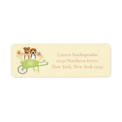 Brown Dogs In Wheelbarrow Spring Flowers Label