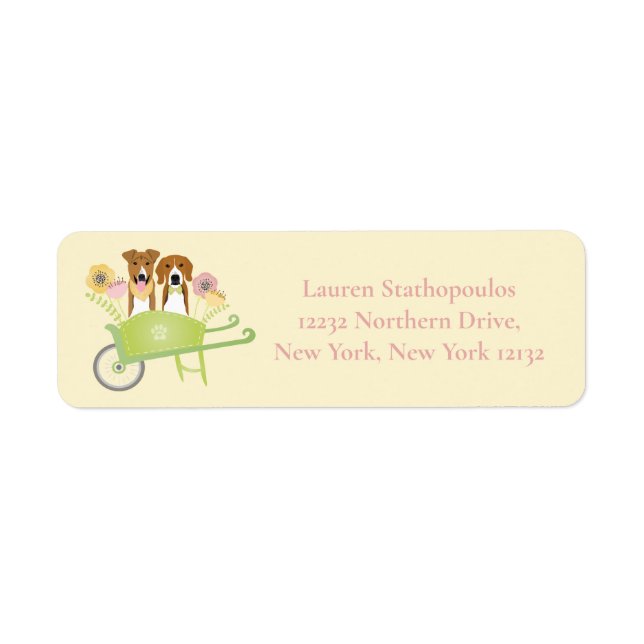 Brown Dogs In Wheelbarrow Spring Flowers Label (Front)