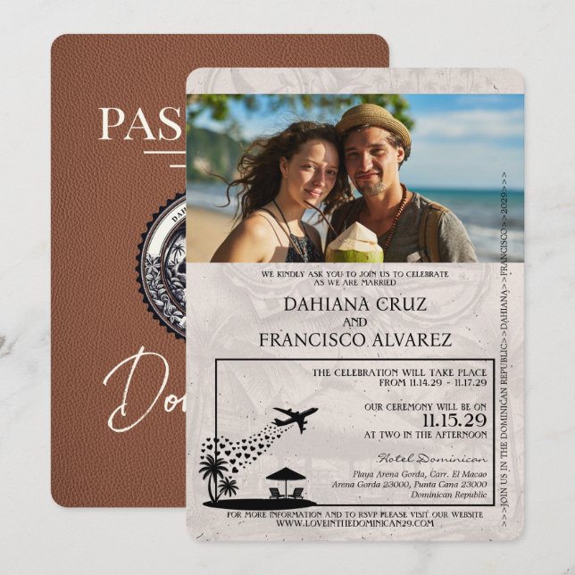 Brown Dominican Republic Passport Wedding Invitation (Front/Back)