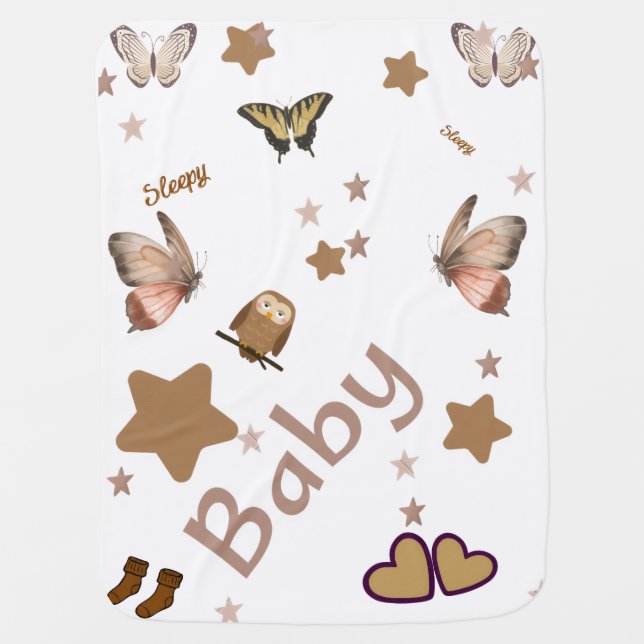 Brown Dreamy Stars & Butterfly Heart Baby Blanket  (Front)