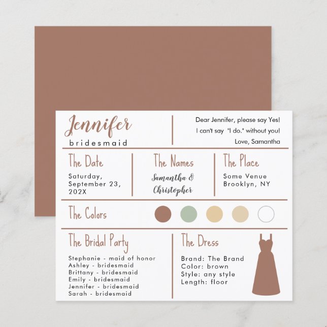 Brown Dress Color Bridesmaid Information Card (Front/Back)