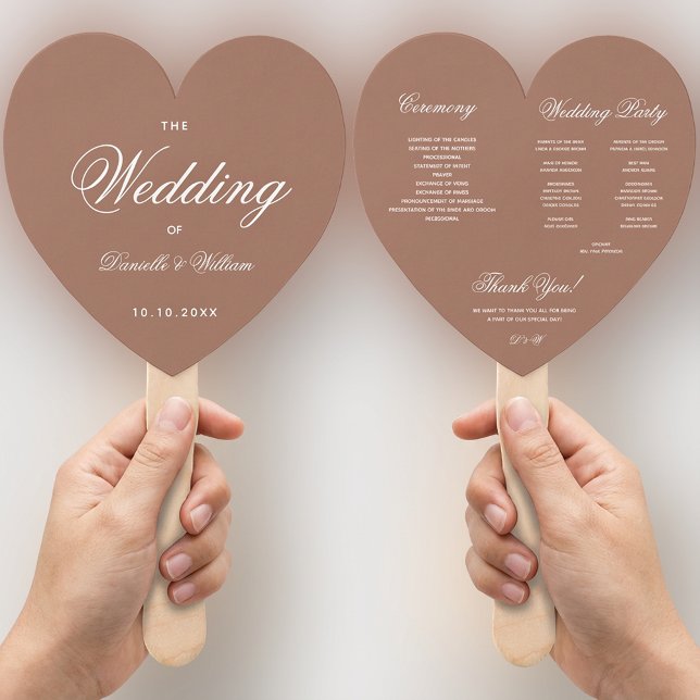 Brown Earthy Neutrals Heart Script Wedding Program Hand Fan (Creator Uploaded)