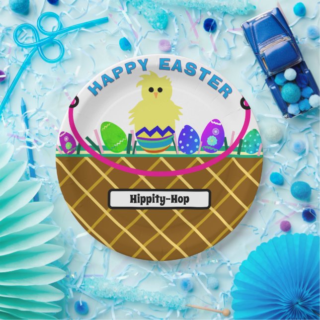 Brown Easter Basket Decorated Eggs Paper Plates (Party)