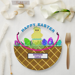 Brown Easter Basket Yellow Blue Striped Chick Egg Paper Plates
