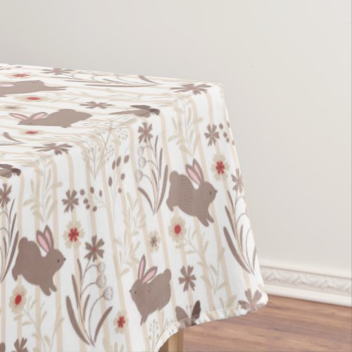 Brown Easter Bunnies On Tan and White Striped Tablecloth