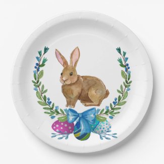 Brown Easter Bunny Wreath and Easter Eggs Paper Plate