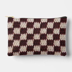 Brown Ecru Checkered Pattern Artisan Crochet Print Accessory Pouch
