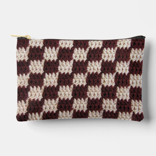 Brown Ecru Checkered Pattern Artisan Crochet Print Accessory Pouch (Front)