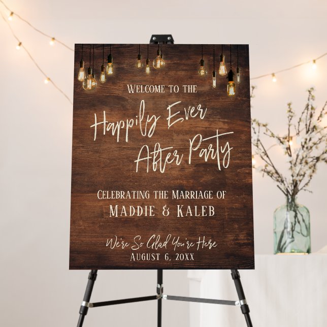Brown Edison Lights Happily Ever After Party Sign (In Situ (Stand))