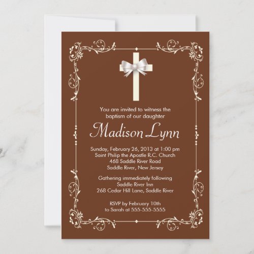 Brown Elegant Baptism | Christening Elegant Cross Custom Invitations