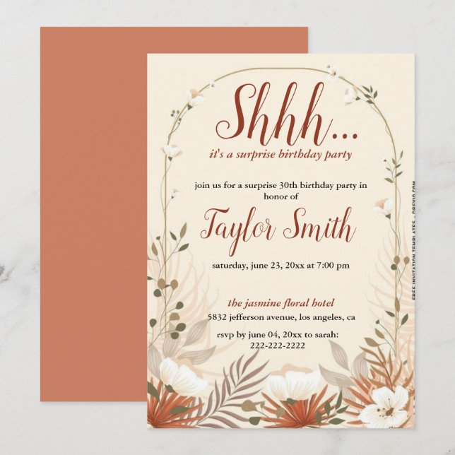 Brown elegant Floral Surprise Party Invite (Front/Back)