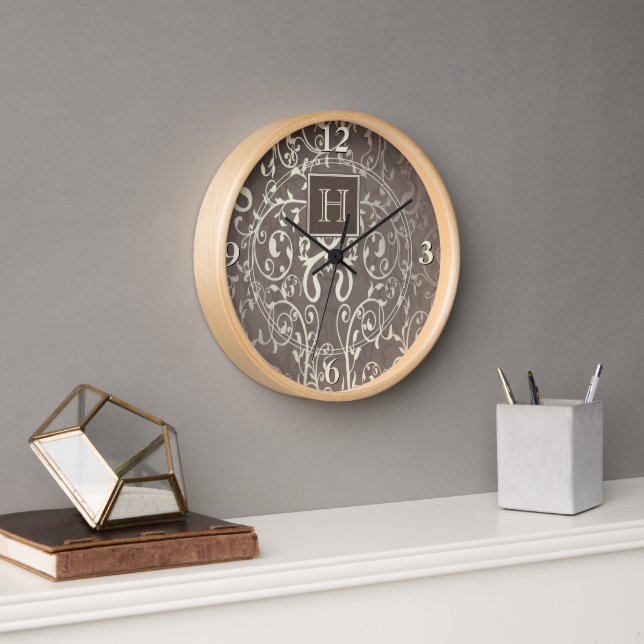 Brown Elegant Flourish Monogram Clock (Office)