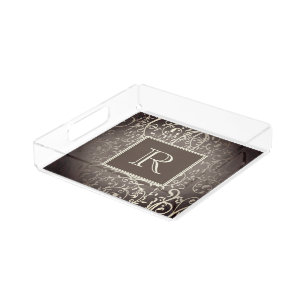 Brown Elegant Flourish Monogram Vanity Tray