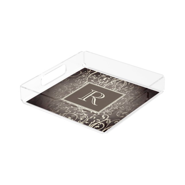 Brown Elegant Flourish Monogram Vanity Tray (Angled)