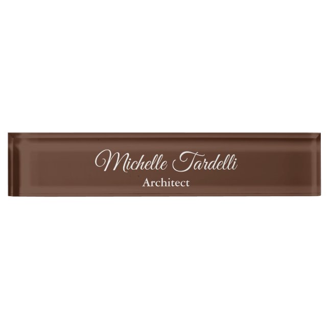 Brown Elegant Minimalist Modern Script Calligraphy Desk Name Plate (Front)