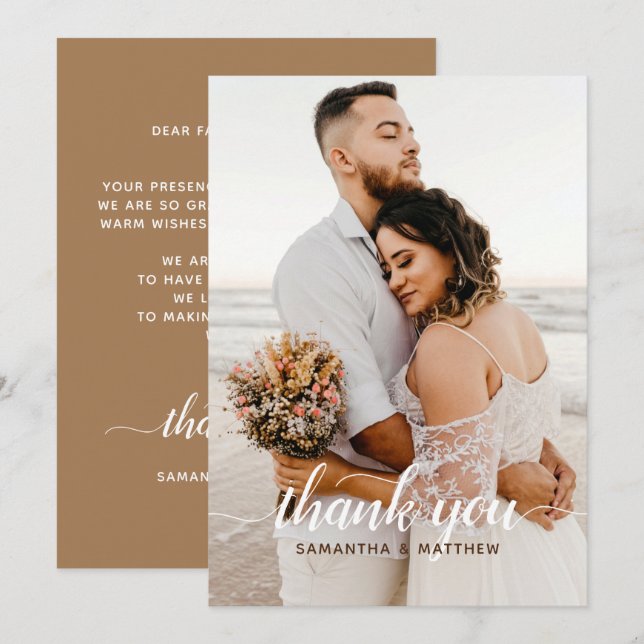 Brown Elegant Modern Rustic Photo Wedding Thank You Card (Front/Back)