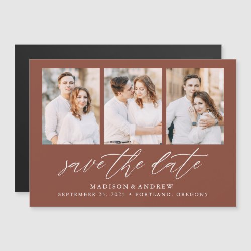 Brown Elegant Script 3 Photo Save the Date Magnetic Invitation