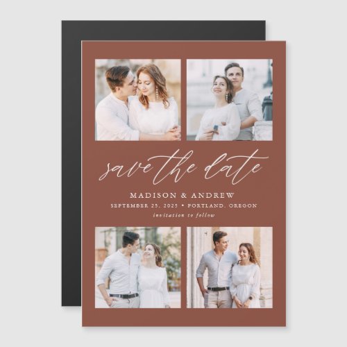 Brown Elegant Script 4 Photo Save The Date Magnetic Invitation