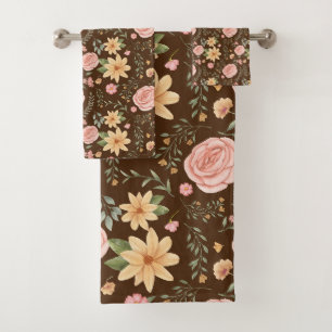 Brown Elegant Vintage Wildflower Pattern Bath Towel Set