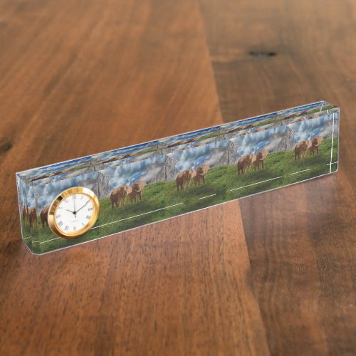 Brown Elephant Duo Oil Paint Desk Clock Nameplate