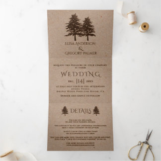 Brown embossed trees on kraft paper winter wedding Tri-Fold invitation