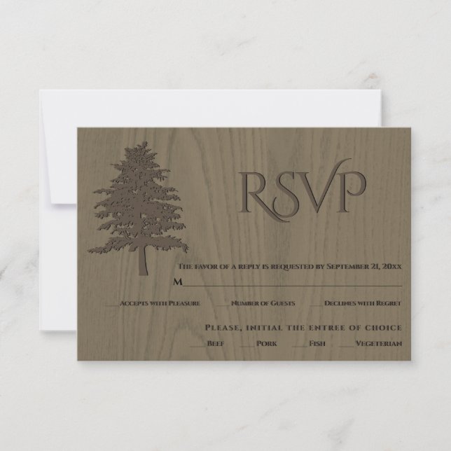 Brown embossed trees sepia wood wedding RSVP card (Front)