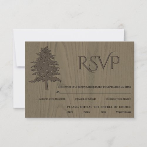 Brown embossed trees sepia wood wedding RSVP card