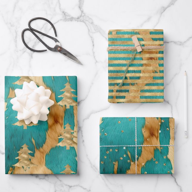 Brown Emerald Gold Christmas Tree Sparkle     Wrapping Paper Sheets (Front)