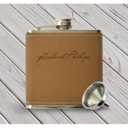 Brown Engraved 6 oz Stainless Steel Hip Flask